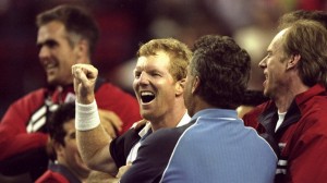 Jim Courier after clinching victory over Great Britain in Davis Cup in 1999